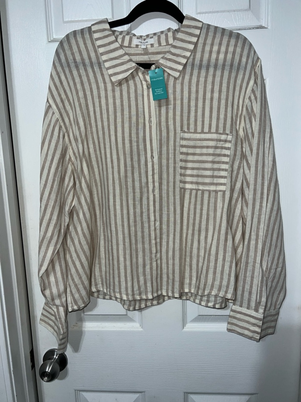 Maurices Linen Beige and White Cropped Striped Button-Front Shirt